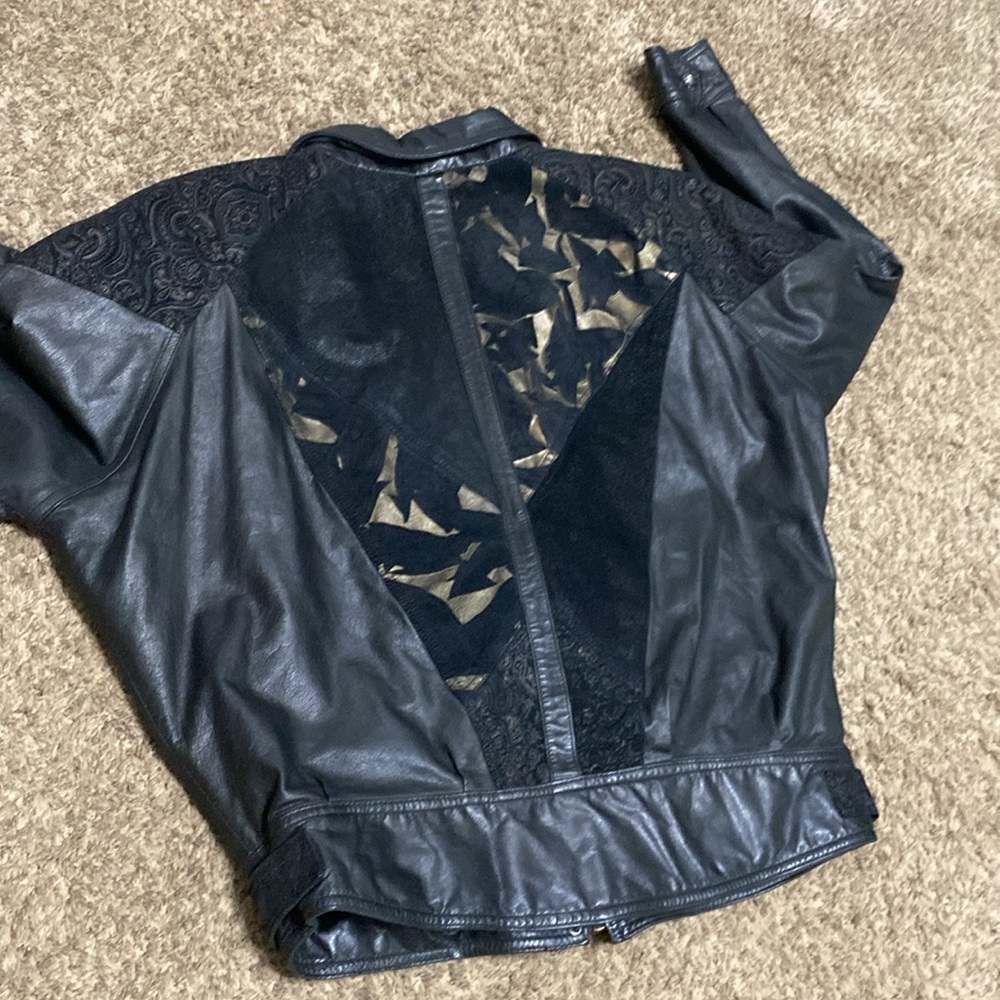 Vintage Nevada Blue Black Cut Design Pattern Leather Jacket Size L - Picture 10 of 12